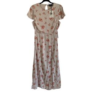 Bardot Beige Floral Open Back Midi Dress Short Sleeve Slit Size 6/S 56713DB